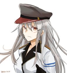 Rule 34 | 10s, 1girl, bad id, bad twitter id, black gloves, breasts, epaulettes, facial scar, gangut (kancolle), gloves, grey hair, hair between eyes, hat, highres, jacket, kantai collection, large breasts, long hair, long sleeves, looking at viewer, military, military hat, military jacket, military uniform, oktyabrskaya revolyutsiya (kancolle), pei chi, red eyes, scar, scar on cheek, scar on face, simple background, solo, twitter username, uniform, white background