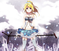 Rule 34 | 10s, 1girl, armband, ayase eli, holding behind back, blonde hair, blue eyes, breasts, cable, cleavage, expressionless, frilled skirt, frills, garter straps, head wreath, holding, jewelry, love live!, love live! school idol festival, love live! school idol project, microphone, microphone stand, midriff, navel, necklace, necktie, parted lips, ponytail, shima (6land), skirt, sleeveless, solo, standing, strapless, thighhighs, wire