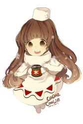 Rule 34 | 1girl, blush, brown eyes, brown hair, capelet, cocoa cookie, cookie run, dress, full body, gloves, hat, highres, humanization, long hair, long sleeves, looking at viewer, open mouth, personification, siyojin, solo, upper body, winter clothes