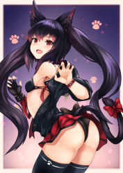 Rule 34 | animal ear fluff, animal ears, ass, black bra, black gloves, black panties, blush, bow, bra, breasts, cat ears, cat girl, cat tail, claw pose, fingerless gloves, gloves, highres, long hair, open mouth, original, panties, paw print, red bow, red skirt, ribbon, ryara, sidelocks, single fingerless glove, skirt, small breasts, smile, solo, tail, tail bow, tail ornament, thighhighs, twintails, twisted torso, underwear, very long hair, watch, wrist ribbon