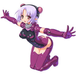 Rule 34 | 10s, 1girl, :d, bad id, bad pixiv id, blush, busou shinki, butt crack, dd (ijigendd), doll joints, elbow gloves, gloves, joints, kneeling, leaning forward, light purple hair, looking at viewer, maryceles, maryceles lemuria, open mouth, outstretched arms, purple legwear, red eyes, short hair, simple background, smile, solo, spread arms, white background