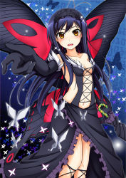 Rule 34 | 10s, 1girl, accel world, antenna hair, bare shoulders, black hair, blush, brown eyes, bug, butterfly, butterfly wings, cla (torinabe), elbow gloves, gloves, hairband, insect, insect wings, kuroyukihime, long hair, navel, open mouth, solo, umbrella, wings