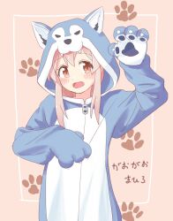 Rule 34 | animal costume, animal ear fluff, animal ears, animal hands, blush, brown eyes, commentary request, fake animal ears, fang, gloves, hair between eyes, hand up, highres, hood, hood up, long hair, looking at viewer, onesie, onii-chan wa oshimai!, open mouth, oyama mahiro, paw gloves, paw print, pink hair, seiyu jelly, simple background, solo, wolf costume, wolf ears, wolf hood, zipper pull tab