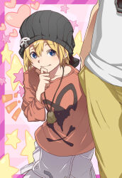 Rule 34 | 1boy, 1girl, beanie, bell, bitou daisukenojou, bitou raimu, black beanie, blonde hair, blue eyes, blush, bone print, border, brother and sister, closed mouth, commentary request, hand in pocket, hand on own chin, hat, heart, jewelry, long sleeves, necklace, ohji130, outside border, overalls, pants, pink background, pink border, red shirt, shirt, siblings, skull print, smile, star (symbol), subarashiki kono sekai, white overalls, white shirt, yellow pants