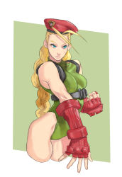 Rule 34 | 1girl, antenna hair, beret, blonde hair, blue eyes, braid, breasts, cammy white, capcom, clenched hand, cropped legs, elbow gloves, facial scar, fingerless gloves, forehead, gloves, green leotard, harness, hat, highleg, highleg leotard, highres, leotard, long braid, long hair, red gloves, red hat, scar, scar on cheek, scar on face, small breasts, solo, sora-bakabon, street fighter, street fighter v, twin braids