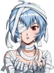 Rule 34 | 1girl, alvares, ayanami rei, bad id, bad pixiv id, bandage over one eye, bandages, blue hair, blush, breasts, cleavage, costume, looking down, mummy, neon genesis evangelion, red eyes, short hair, simple background, solo, white background