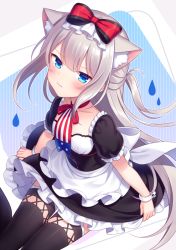 Rule 34 | 1girl, amane kurumi, animal ear fluff, animal ears, apron, azur lane, black dress, black thighhighs, blue eyes, blush, bow, cat ears, closed mouth, commentary request, dress, frilled apron, frilled dress, frills, grey hair, hair bow, hammann (azur lane), long hair, looking at viewer, one side up, puffy short sleeves, puffy sleeves, red bow, short sleeves, sitting, solo, striped, tears, thighhighs, vertical stripes, very long hair, waist apron, water drop, white apron, wrist cuffs