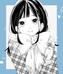 Rule 34 | 1girl, blue border, border, bow, buttons, closed mouth, coat, commentary request, enpera, fringe trim, greyscale, highres, long hair, looking at viewer, monochrome, original, outside border, plaid, plaid coat, saitou shiori (pixiv14549321), scarf, smile, solo, spot color, sweater, triangle, unmoving pattern, upper body, winter clothes
