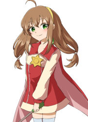 Rule 34 | 1girl, ahoge, brown hair, cape, closed mouth, commentary request, dress, green eyes, hair ornament, hairband, lilka eleniak, long hair, looking at viewer, low-tied long hair, sidelocks, simple background, skirt, smile, solo, soumi (soumi9357), thighhighs, twintails, umbrella, white background, white thighhighs, wild arms, wild arms 2, yellow hairband