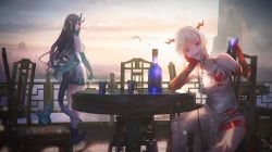 Rule 34 | 2girls, aqua hair, aqua skin, arknights, bird, black hair, bottle, breasts, chair, china dress, chinese clothes, colored skin, cup, dragon girl, dragon horns, dress, drinking glass, dusk, dusk (arknights), gradient hair, gyoukan (jfxc), head rest, highres, holding, holding cup, horns, leg tattoo, multicolored hair, multicolored skin, multiple girls, nian (arknights), nian (unfettered freedom) (arknights), official alternate costume, open mouth, pointy ears, purple eyes, red eyes, red hair, red skin, shoes, sleeveless, sleeveless dress, standing, streaked hair, table, tail, tattoo, white dress, white hair, wine bottle