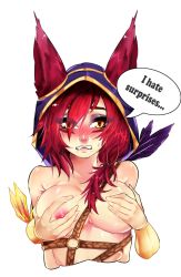 Rule 34 | 1boy, 1girl, animal ears, belt, blush, grabbing another&#039;s breast, breasts, clenched teeth, couple, english text, eyelashes, fbschin, feathers, functionally nude, grabbing, groping, hairband, hetero, highres, hood, hoodie, league of legends, long hair, looking away, makeup, mascara, multiple belts, nipples, nose piercing, nose ring, orange eyes, piercing, rakan (league of legends), red hair, shy, simple background, speech bubble, teeth, text focus, white background, xayah