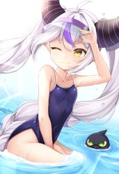 Rule 34 | 1girl, ;), absurdres, adjusting clothes, adjusting headwear, bare shoulders, bird, blue one-piece swimsuit, braid, breasts, collarbone, commentary request, crow, crow (la+ darknesss), demon girl, demon horns, hair between eyes, highleg, highleg swimsuit, highres, hololive, horns, in water, la+ darknesss, long hair, looking at viewer, miyagi ratona, multicolored hair, ocean, one-piece swimsuit, one eye closed, school swimsuit, sidelocks, single braid, sitting, sleeveless, small breasts, smile, spaghetti strap, streaked hair, swimsuit, twintails, two-tone hair, virtual youtuber, visor cap, wind