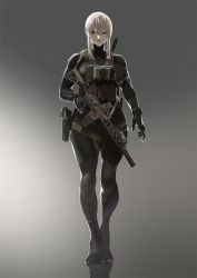 Rule 34 | 1girl, ammunition pouch, ar-15, assault rifle, bodysuit, breasts, bulletproof vest, grey eyes, gun, handgun, highres, holding, holding weapon, large breasts, long bangs, original, pen guin15, pistol, bulletproof vest, pouch, rifle, smile, solo, suppressor, thick thighs, thighs, toned, trigger discipline, walking, weapon, white hair