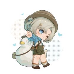 Rule 34 | 1girl, ;), bag, bird, blue eyes, blue ribbon, blue sleeves, boater hat, braid, brown footwear, brown headwear, brown shorts, chibi, closed mouth, duck, foot up, full body, grey bag, grey hair, grey socks, hair ornament, hair ribbon, hair rings, hairpin, haku (haku746655), halftone, halftone background, hand on own hip, heart, highres, leg tattoo, looking at viewer, matilda bouanich, matilda bouanich (the genius&#039;s holiday), medium hair, official alternate costume, one eye closed, outstretched arm, parted bangs, plaid socks, reverse:1999, ribbon, shirt, shorts, shoulder bag, shrug (clothing), smile, socks, solo, standing, suspender shorts, suspenders, tattoo, twin braids, v, white background, white shirt