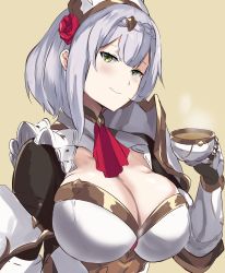Rule 34 | 1girl, absurdres, armor, armored dress, bad id, bad pixiv id, braid, braided bangs, breasts, cafekun, cleavage, cup, dress, flower, frills, gauntlets, genshin impact, gloves, green eyes, highres, large breasts, looking at viewer, noelle (genshin impact), pauldrons, rose, short hair, shoulder armor, silver hair, simple background, single pauldron, smile, solo, teacup, white dress