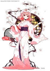 Rule 34 | 1girl, blush, breasts, cherry blossoms, floral print, hat, ideolo, japanese clothes, kimono, looking at viewer, obi, off shoulder, pink hair, red eyes, round window, saigyouji yuyuko, sash, short hair, simple background, smile, solo, touhou, triangular headpiece, white background, window