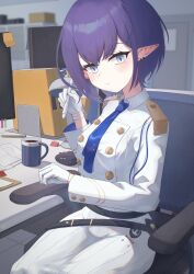 Rule 34 | 1girl, absurdres, aoi (blue archive), blue archive, blue eyes, blue hair, blush, chair, closed mouth, coffee, coffee mug, collared shirt, crane666, cup, gloves, highres, holding, holding pen, indoors, long sleeves, mole, mole under eye, monitor, mouse (computer), mug, pen, pleated skirt, pointy ears, shirt, short hair, sitting, skirt, solo, white gloves, white shirt, white skirt
