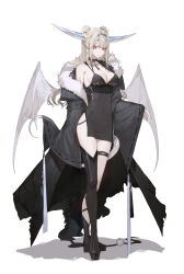 Rule 34 | 1girl, 9750isz, black dress, black thighhighs, blonde hair, breasts, chinese zodiac, cleavage, covered navel, double bun, dragon girl, dragon horns, dragon tail, dragon wings, dress, earrings, full body, hair bun, hair intakes, highres, horns, jewelry, long hair, looking at viewer, medium breasts, mixed horns, off shoulder, original, pale skin, pointy ears, red eyes, see-through, see-through dress, simple background, solo, standing, tail, thigh strap, thighhighs, twintails, white background, wings, year of the dragon