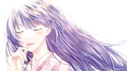 Rule 34 | 1girl, blush, character name, closed eyes, commentary request, floating hair, floral print, highres, indie utaite, japanese clothes, kasumi (p0 ksm), kasumi (utaite), kimono, long hair, looking at viewer, open mouth, pink kimono, purple hair, simple background, solo, song name, teeth, upper teeth only, utaite, white background