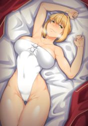 Rule 34 | 1girl, ahoge, armpits, bare arms, bare legs, bare shoulders, blonde hair, blush, braid, breasts, breasts apart, breath, closed mouth, collarbone, covered navel, cowboy shot, dyun, fate/extra, fate (series), gluteal fold, green eyes, hands up, highleg, highleg leotard, highres, large breasts, leotard, looking at viewer, lying, nero claudius (fate), nero claudius (fate), nero claudius (fate/extra), on back, smile, solo, thigh gap, white leotard
