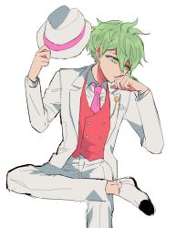 Rule 34 | 1boy, amami rantaro, black footwear, buttons, commentary request, danganronpa (series), danganronpa 10th anniversary costume, danganronpa v3: killing harmony, double-breasted, fedora, formal, green eyes, green hair, hands up, hat, unworn hat, unworn headwear, holding, invisible chair, jacket, long sleeves, male focus, messy hair, nabu (d4ng4nn6bu12), necktie, official alternate costume, open clothes, open jacket, pants, pink necktie, red vest, shirt, shoes, short hair, simple background, sitting, solo, suit, vest, white background, white footwear, white jacket, white pants