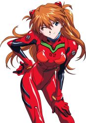 Rule 34 | 1girl, absurdres, blue eyes, gainax, hand on own hip, highres, long hair, long image, maxxyne, neon genesis evangelion, orange hair, plugsuit, single, smile, solo, souryuu asuka langley, tall image, transparent background, vector trace, wink