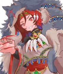 Rule 34 | 1girl, bandana, black coat, brown hair, brown shirt, brown skirt, claw mark, claw pose, coat, colored eyelashes, commentary, highres, imaizumi kagerou, imaizumi kagerou (zodiac race), injury, jewelry, long hair, long sleeves, necklace, official alternate costume, pelt, red bandana, red eyes, red shirt, sharp teeth, shirt, skirt, smile, tassel, teeth, tooth hair ornament, tooth necklace, touhou, touhou cannonball, v-shaped eyebrows, white background, wide sleeves, yamabuki (yamabuki xxxxx)