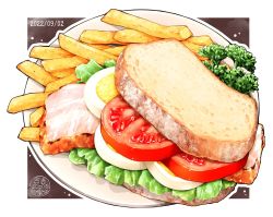 Rule 34 | bacon, bread, bread slice, commentary request, egg, egg (food), food, food focus, french fries, lettuce, no humans, ooranokohaku, original, plate, sandwich, still life, tomato