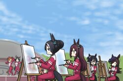 Rule 34 | 6+girls, ahoge, animal ears, aqua bow, arm up, arms up, black bow, black hair, blue sky, book, bow, breasts, brown eyes, brown hair, canvas (object), closed eyes, clothing cutout, commentary request, crown, dancing, ear bow, ear ornament, ear piercing, easel, eishin flash (umamusume), fuji kiseki (umamusume), full body, hair between eyes, hair bow, hair bun, hamu koutarou, highres, holding, holding book, holding paintbrush, horse ears, horse girl, horse tail, jacket, long hair, long sleeves, maruzensky (umamusume), medium breasts, medium hair, mejiro dober (umamusume), mejiro ramonu (umamusume), multicolored hair, multiple girls, open mouth, outdoors, outstretched arms, paintbrush, painting (object), palette (object), pants, piercing, purple headwear, red footwear, rice shower (umamusume), shoes, short hair, sitting, sky, smart falcon (umamusume), smile, sneakers, spread arms, stage, streaked hair, t.m. opera o (umamusume), tail, tail through clothes, thumbs up, tilted headwear, tracen training uniform, track jacket, track pants, twintails, two-tone footwear, umamusume, very long hair, white footwear, white hair