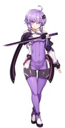 Rule 34 | 1girl, ahoge, bare shoulders, collarbone, covered navel, fingerless gloves, gloves, hair ornament, long hair, low twintails, null (nyanpyoun), purple eyes, purple hair, purple thighhighs, short hair with long locks, solo, sword, thighhighs, twintails, vocaloid, voiceroid, weapon, yuzuki yukari