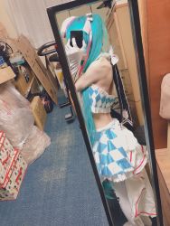Rule 34 | arm warmers, blue hair, cellphone, cosplay, cosplay request, highres, kotomitako, mask, midriff, mirror, mouth mask, navel, phone, photo (medium), smartphone, solo, surgical mask, tagme, trap, wig