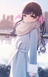 Rule 34 | 1girl, absurdres, black hair, blurry, blurry background, blush, breasts, chain-link fence, coat, fence, fur-trimmed sleeves, fur trim, grey scarf, hair ribbon, highres, idolmaster, idolmaster shiny colors, long hair, long sleeves, looking at viewer, looking to the side, mayuzumi fuyuko, medium breasts, outdoors, ribbon, scarf, sikimosh, solo, twintails, very long hair, white coat