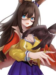 Rule 34 | 1girl, absurdres, animal ears, bird, bird on hand, blue eyes, breasts, brown hair, cleavage, commentary request, cowboy shot, domino mask, eagle, ear ornament, eighth note, el condor pasa (umamusume), hair between eyes, hair ornament, highres, horse ears, horse girl, jacket, jacket on shoulders, large breasts, light blush, long hair, long sleeves, looking at viewer, mambo (umamusume), mask, musical note, open mouth, pleated skirt, ponytail, purple skirt, red jacket, shirt, simple background, skirt, smile, solo, tsuyusora, umamusume, white background, yellow shirt