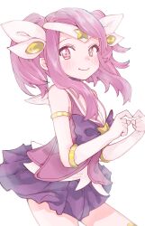 Rule 34 | 1girl, alternate costume, blush, elbow gloves, gloves, heart, heart hands, highres, kukai, league of legends, looking at viewer, lux (league of legends), magical girl, official alternate costume, pink hair, red eyes, short twintails, sidelocks, simple background, skirt, smile, solo, star guardian (league of legends), star guardian lux, twintails, white background