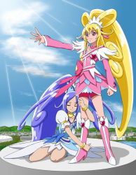 Rule 34 | 2girls, aida mana, blonde hair, blue bow, blue hair, blue sky, boots, bow, bracelet, brooch, choker, clenched hand, closed eyes, cure diamond, cure heart, day, dokidoki! precure, half updo, heart, heart brooch, hishikawa rikka, hugging another&#039;s leg, hugging own legs, jewelry, knee boots, light rays, long hair, moritakusan, multiple girls, outstretched arm, pink bow, pink eyes, pink footwear, ponytail, precure, shadow, sitting, sky, standing, sunbeam, sunlight, wariza, yuri