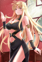 Rule 34 | 1girl, black dress, blonde hair, breasts, cleavage, closed mouth, commentary request, dress, fate testarossa, highres, indoors, large breasts, long hair, looking at viewer, lyrical nanoha, mahou shoujo lyrical nanoha strikers, navel, red eyes, smile, solo, sougetsu izuki, standing, very long hair