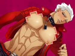 Rule 34 | 10s, 1boy, aohebi0906, archer (fate), dark skin, dark-skinned male, fate/extra, fate/extra ccc, fate (series), grey eyes, jacket, male focus, nipples, open clothes, open jacket, parody, red jacket, solo, tears, torn clothes, white hair