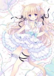 Rule 34 | 1girl, :d, animal ear fluff, animal ears, asymmetrical legwear, bed sheet, black bow, blue flower, blush, bow, cat ears, dress, flower, frilled dress, frilled pillow, frilled thighhighs, frills, hair between eyes, hair bow, hair flower, hair ornament, hand up, hasekura chiaki, highres, holding, holding ribbon, layered dress, light brown hair, long hair, looking at viewer, lying, on back, open mouth, original, panties, pillow, pink ribbon, pleated dress, polka dot, purple eyes, purple flower, ribbon, single thighhigh, smile, solo, thighhighs, underwear, uneven legwear, very long hair, white dress, white panties, white thighhighs, wrist cuffs