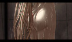 Rule 34 | 1girl, ass, ass focus, blonde hair, chinese commentary, commentary, commentary request, girls&#039; frontline, highres, indoors, letterboxed, long hair, mixed-language commentary, nude, ots-14 (girls&#039; frontline), partial commentary, selcky, shower (place), showering, solo, standing, steam, tile wall, tiles, very long hair, wet, wet hair
