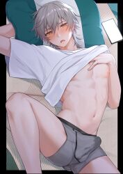 Rule 34 | 1boy, abs, absurdres, bulge, caelus (honkai: star rail), cellphone, clothes lift, grey hair, grey male underwear, hachiten, hair between eyes, highres, honkai: star rail, honkai (series), looking at viewer, lying, male focus, male underwear, muscular, muscular male, navel, nipples, open mouth, phone, pillow, shirt, shirt lift, smartphone, solo, spread legs, stomach, trailblazer (honkai: star rail), underwear, white shirt, yellow eyes