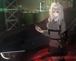 Rule 34 | 1girl, black skirt, breasts, car, cellphone, city, closed mouth, commentary, cowboy shot, drum (container), english commentary, gauntlets, grey hair, grey sweater, highres, holding, holding phone, holding sword, holding weapon, large breasts, lens flare, long hair, looking at viewer, miniskirt, motor vehicle, night, one side up, original, outdoors, phone, pleated skirt, raitho, red eyes, skirt, smartphone, solo, sweater, sword, v-shaped eyebrows, very long hair, weapon