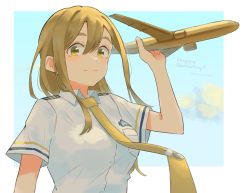 Rule 34 | 1girl, aircraft, airplane, artist name, artist request, blue sky, blush, breasts, brown eyes, brown hair, cloud, collared shirt, day, female focus, hair between eyes, highres, holding, irenji, kunikida hanamaru, light brown hair, long hair, looking at viewer, love live!, love live! sunshine!!, matching hair/eyes, outdoors, parted lips, shirt, sky, smile, solo, upper body, white shirt, yellow eyes, yellow neckwear