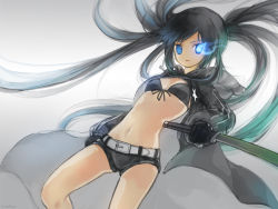 Rule 34 | 10s, 1girl, bikini, bikini top only, black bikini, black hair, black rock shooter, black rock shooter (character), blue eyes, female focus, glowing, glowing eyes, highres, jane mere, long hair, midriff, short shorts, shorts, solo, swimsuit, sword, vocaloid, weapon