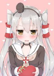 Rule 34 | 10s, 1girl, amatsukaze (kancolle), blush, box, brown eyes, choker, embarrassed, gift, gift box, heart, heart-shaped box, heart background, incoming gift, kantai collection, long hair, looking at viewer, open mouth, pink background, school uniform, serafuku, silver hair, solo, two side up, uchuuneko, valentine, wavy mouth