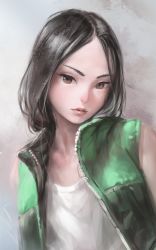 Rule 34 | 1girl, black hair, brown eyes, copyright request, female focus, jacket, lips, long hair, looking at viewer, nababa, open clothes, open jacket, parted bangs, solo, tank top, vest