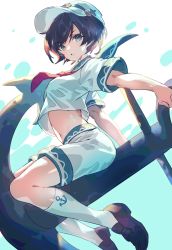 Rule 34 | 1girl, anchor, anchor print, anchor symbol, black hair, breasts, brown footwear, commentary request, feet out of frame, green eyes, green sailor collar, hat, highres, kneehighs, loafers, midriff, murasa minamitsu, navel, open mouth, sailor collar, sailor hat, sailor shirt, shirt, shoes, short hair, short sleeves, shorts, sitting, small breasts, socks, solo, stomach, touhou, u u zan, underwater, white hat, white shirt, white shorts, white socks