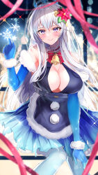 Rule 34 | 1girl, absurdres, bell, blue dress, blue pantyhose, blurry, blurry background, blush, breasts, christmas ornaments, cleavage, crown, dress, elbow gloves, flower, fluffy, gloves, hair flower, hair ornament, highres, jingle bell, large breasts, long hair, meryl (tower of fantasy), nenobi (nenorium), pantyhose, purple eyes, red ribbon, ribbon, smile, snowflakes, solo, tower of fantasy