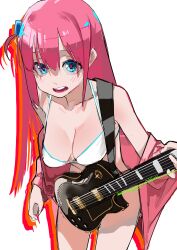 Rule 34 | 1girl, absurdres, artist name, bikini, blue eyes, bocchi the rock!, breasts, character name, collarbone, commentary, cowboy shot, cube hair ornament, dated, electric guitar, gibson les paul, gotoh hitori, guitar, hair between eyes, hair ornament, highres, holding, holding instrument, holding plectrum, instrument, jacket, large breasts, leaning forward, long hair, looking at viewer, off shoulder, one side up, pink hair, pink jacket, plectrum, solo, swimsuit, teeth, tngkbmarlon, track jacket, upper teeth only, white bikini
