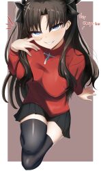 Rule 34 | 1girl, absurdres, black hair, black thighhighs, blue eyes, blush, breasts, come hither, fate/stay night, fate (series), hair ribbon, half-closed eyes, highres, homurabara academy school uniform, large breasts, long hair, long legs, looking at viewer, naughty face, red sweater, ribbon, school uniform, seductive smile, shokobr, smile, solo, sweater, thighhighs, thighs, tohsaka rin, two side up