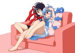 Rule 34 | 2girls, asymmetrical wings, bare legs, barefoot, black hair, blue eyes, blue hair, blush, bow, couch, dress, eye contact, feet, female focus, hand in own hair, heterochromia, houjuu nue, hug, image sample, iromeki overdrive, legs, looking at another, md5 mismatch, multiple girls, no legwear, no panties, no shoes, pillow, pixiv sample, red eyes, short hair, simple background, sitting, smile, sweatdrop, tatara kogasa, toes, touhou, white background, wings